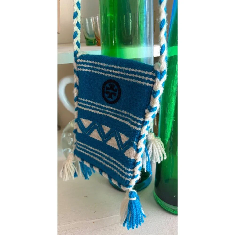 Tory Burch Woven Crossbody Phone Carrier Bag Blue & White - Picture 3 of 14